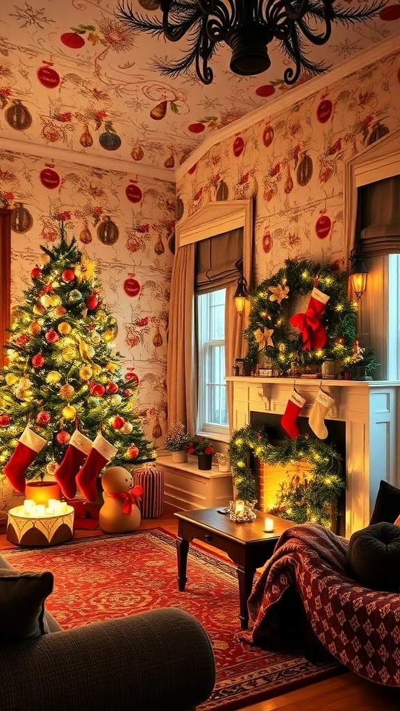 Nostalgic Christmas Wallpaper Aesthetic A warm living room decorated for Christmas with nostalgic wallpaper, a Christmas tree, and stockings.
